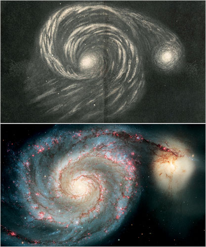 Whirlpool Galaxy, above drawn by the Earl of Rosse, 1845, and below from NASA Whirlpool Galaxy, above drawn by the Earl of Rosse, 1845, and below from NASA