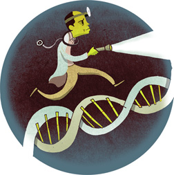 Slate cartoon of physician with flashlight & DNA
