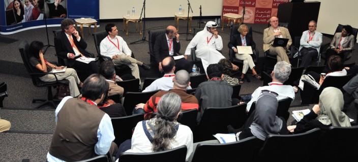 Photo Credit: AUS; Description: Panel of Abeer Al-Najjar - American University of Sharjah Francis Matthew - Gulf News; John Siniff- USA Today; Nabil Khatib-Editor-in-Chief of Al-Arabiya News Channel; Mishaal Al-Gergawi, blogger; chair Julia Vitullo-Martin;  2007 fellow Andrew Brown - Guardian; 2007 fellow Ehsan Masood- Research Fortnight; 2010 fellow Qanta Ahmed- Author