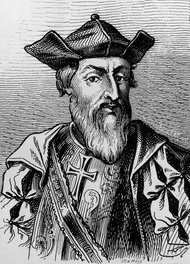 Graphic credit: Mansell/Time & Life Pictures — Getty Images; Description: An etching of Vasco da Gama.