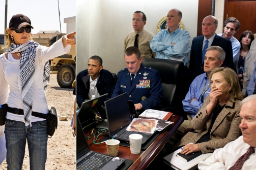 Photo credit on left: Summit Entertainment-AP; Description on left: Kathryn Bigelow on the set of "The Hurt Locker" (left);Photo credit: Peter Souza, White House; Description: President Obama and his team in the White House Situation Room during the mission that killed Osama bin Laden.