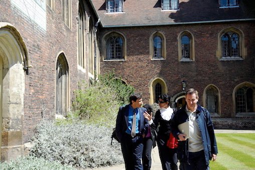 Photo credit: Julia Vitullo-Martin; Description: Noah Efron, Qanta Ahmed, John Farrell at Queens' College, Cambridge