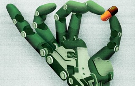 New Statesman graphic of robotic hand holding a pill