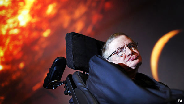 Photo: AP Photo: / PA Wire, David Parry; Description:  In this April 29, 2010, file photo, Stephen Hawking watches the first preview of his new show for the Discovery Channel, Stephen Hawking's Universe. 