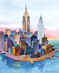 Tablet cartoon of downtown New York with midtown in distance