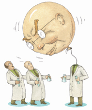 Cartoon by Wesley Bedrosian of scientists, one with an enlarged head