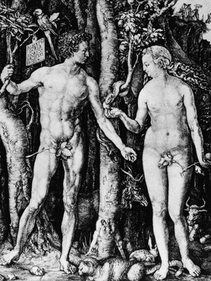 Photo credit: Hulton Archive/Getty Images; Description: An engraving depicting Adam and Eve in the Garden of Eden, by Albrecht Durer, 15th century.