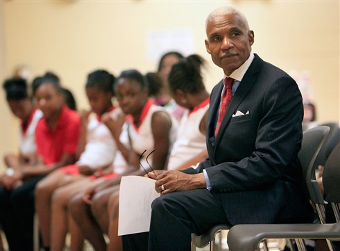 Mayor A C Wharton Jr. waits to speak to children during a performance and final ceremony of the Memphis Urban League's Children's Defense Fund Freedom Schools program. 