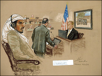 Drawing by Janet Hamlin -- Associated Press; Description: A courtroom sketch shows Salim Ahmed Hamdan, a former driver for Osama bin Laden, on trial at Guantanamo Bay.Days before the Sept. 11, 2001, attacks, Osama bin Laden left his compound in Kandahar in Afghanistan and headed into the mountains. His driver, Salim Ahmed Hamdan, traveled with him. As U.S. and Northern Alliance forces stood poised to capture Kandahar a few months later, bin Laden told Hamdan to evacuate his family. Hamdan's wife was eight months pregnant at the time, and Hamdan drove her and his infant daughter to the Pakistani border.  It was on his way back that Hamdan was captured by Northern Alliance warlords, said Jonathan Mahler, an author who has pieced together the events in his upcoming book, "The Challenge: Hamdan v. Rumsfeld and the Fight Over Presidential Power." Hamdan's captors found two surface-to-air missiles in the trunk of his car. They turned him over to the Americans and pocketed a bounty of $5,000.  Hamdan recently became the first detainee at Guantanamo Bay to face trial. Government and defense lawyers are arguing about Hamdan's significance in al-Qaeda and the extent of his knowledge of the group's activities, but it is the facts the lawyers agree on that raise an interesting question for anyone who studies terrorist groups.  Hamdan joined bin Laden after his plan to go to join a jihad in Tajikistan hit a snag. For years, he ferried al-Qaeda's leader to camps and news conferences and was often bored, according to the testimony of his interrogators. Mahler, who interviewed Hamdan's family and attorneys, his FBI interrogators, and the man who recruited Hamdan for jihad, said bin Laden's driver was not particularly religious -- for a poor man from Yemen, jihad was a career move as much as a religious quest.  The interesting question is why Hamdan and other minor cogs in terrorist groups who have access to information that the United States would gladly pay for rarely come forward to share it. Dozens of other Hamdans today probably have leads on the whereabouts of bin Laden and other terrorist leaders. Given that some of these potential informers are bound to be poor and uneducated, why don't they defect, take the money and run?  "The generic problem is the question of why people having useful knowledge can't be bribed to reveal it," said David Laitin, a political scientist at Stanford University who has studied why terrorist groups that specialize in suicide attacks are so rarely undermined by defectors and turncoats.  Along with Eli Berman, a political scientist at the University of California at Santa Barbara, Laitin has developed a theory to explain why the Hamdans of the world tend to stay loyal to the bin Ladens.  Laitin and Berman argue that it is because a group such as al-Qaeda is really an exclusive club.  Most people think of clubs as recreational groups, but Laitin and Berman are using a more subtle definition. Clubs are groups that tend to be selective about their members. Unlike political parties and book-reading groups, which allow anyone to join, clubs make it difficult for people to sign up. And once admitted, members must make personal sacrifices to stay. In the case of an exclusive golf club, the sacrifice might involve paying sizable dues. In the case of some religious orders, would-be members might have to go through lengthy periods of initiation.  The "club model" of terrorism explains why cogs such as Hamdan stay loyal. Across all kinds of clubs, when members make sacrifices, they are much more likely to become intensely loyal to fellow members. Berman and Laitin think this is because the sacrifices that members make to join a club reduce their value outside the club. If you devote years to learning a religious text, that knowledge can give you social cachet within your club, but your effort counts for little outside the club.  "If you have to spend your life reading the Talmud, you are not very good at software," Laitin said. "The sacrifices get you social welfare, but if you took a bribe, your value outside of that club would be minuscule."  Whereas software engineers who "defect" from one company to another carry their value with them -- the skills are transferable -- al-Qaeda foot soldiers might enjoy high regard within that club but be worthless outside it. This may help explain why religious cults and organized-crime syndicates reward members for acquiring arcane cultural, scriptural and linguistic skills -- these are skills that cannot be easily transferred to the outside world.  In a detailed analysis of terrorist attacks in Israel, Laitin and Berman showed that the degree of "clubbiness" of terrorist groups predicted how violent they would be, especially when it came to suicide attacks: Elite organizations demanded greater sacrifices and elicited greater loyalty, and it was these groups that could plan and carry out the most lethal attacks with little fear of betrayal.  The political scientists are not suggesting for a second that clubs are inherently violent -- most, in fact, are harmless. But what Laitin and Berman are suggesting is that clubs offer the kind of organizational structure that happens to provide the secrecy and loyalty needed to run a terrorist group.  What does this research mean for counterinsurgency efforts and fighting terrorism? Laitin argued that nations that compete with terrorist organizations to provide social benefits make it less likely that their citizens will be willing to make great sacrifices to join clubs that seek to destroy them.  When your software industry takes off, in other words, fewer people need to seek out the social welfare benefits that joining the local terrorist club offers.  