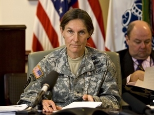 Photo credit: J. Scott Applewhite/AP; Description: Brig. Gen. Rhonda Cornum, pictured here in 2008, says the Army's spiritual fitness test was developed in part because people who are inclined toward spirituality seem to be more resilient. But she says that nothing about the assessment indicates whether someone is fit to be a soldier. 