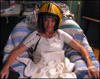 photo:  Barbara Bradley Hagerty tried on Michael Persinger's "God helmet" at Laurentian University to see if he could manufacture a spiritual experience by manipulating her temporal lobes.  credit:  Barbara Bradley Hagerty / NPR