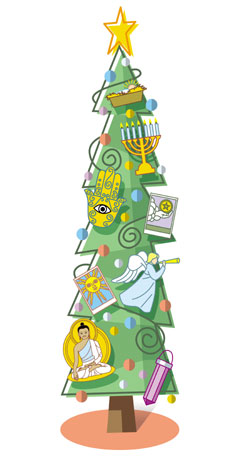 image:  Christmas tree with ornaments depicting various other religions.  credit:  Sam Ward, USA Today