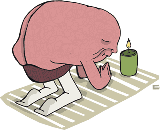 A brain with arms and legs is kneeling on a prayer mat with a candle.