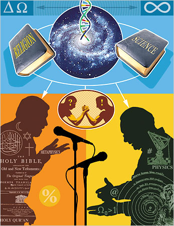 Abstract art with the Holy Bible on the left and physics on the right.  Credit: Tad Majewski