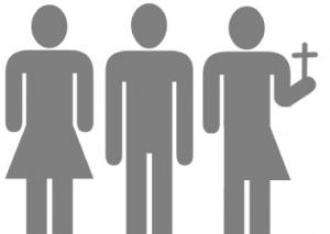 Drawing of a man, a woman, and a half-man half-woman holding a cross.