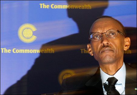 Photo credit: REUTERS/Toby Melville; Description: Rwanda's President Paul Kagame is shown speaking at a news conference at Marlborough House in central London on March 8. 