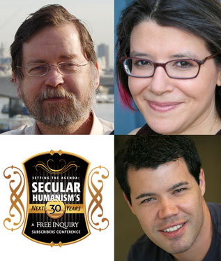 Snapshots of Myers, Hecht, Mooney, Secular Humanism shield
