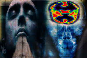 Image of a man in prayer juxtapositioned with a skull overlaid with a medican scan.