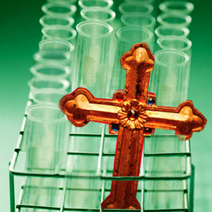 photo:  Cross amid a rack of test tubes