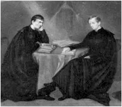 John Henry Newman and Ambrose St John in a portrait of 1847 by Maria Giberne. In the background is Our Lady of the Miraculous Medal, for whom Newman had a devotion.