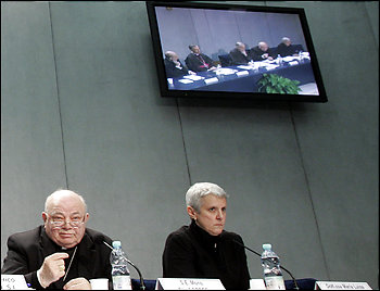 photo:  Monsignor Elio Sgreccia, the Vatican's top official on bioethics questions, and Maria Luisa Di Pietro, of the Catholic University of the Sacred Heart in Rome, attend a news conference on bioethics at the Vatican. (By Riccardo De Luca -- Associated Press)