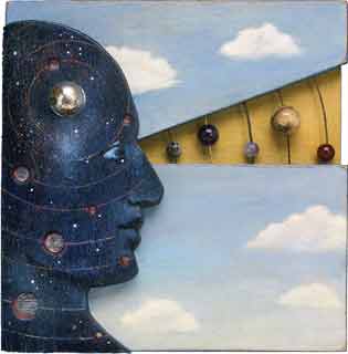 Artist's depiction of a person's view looking out across the planets