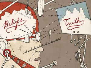 Jonathon Rosen cartoon of man's brain contending with beliefs & truths