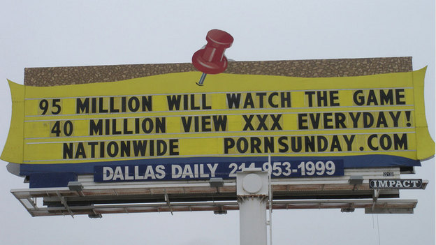 Photo credit: XXXChurch.com/via Flickr; Description: One of several billboards put up by XXXChurch.com in advance of Sunday's Super Bowl. The nonprofit ministry aims to help those battling pornography addictions. 
