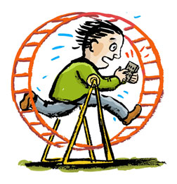 image:  man running on a hamster wheel, while using a personal communications device.  credit:  Slate